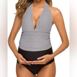 One piece black and white striped halter maternity swimsuits